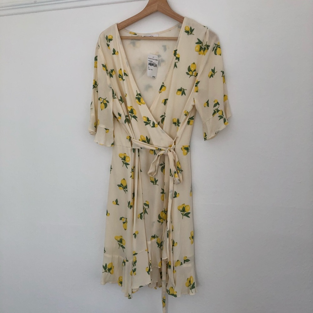 Cream Lemon Print Wrap Dress